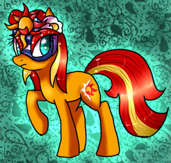 Size: 593x565 | Tagged: safe, artist:not-ordinary-pony, sunset shimmer, pony, unicorn, crystal princess celebration, looking back, mask, masked shimmer, raised hoof, solo, toy interpretation