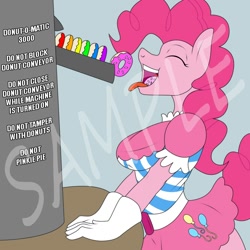 Size: 1000x1000 | Tagged: safe, artist:lil miss jay, pinkie pie, anthro, breasts, clothes, donut, dress, eating, female, food, gala dress, pinkie pies, solo