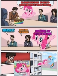 Size: 500x649 | Tagged: safe, derpibooru import, edit, pinkie pie, rainbow dash, human, cake, comic, defenestration, flying, food, happy, image macro, jumping, meme, upset, window