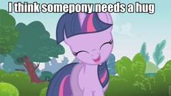 Size: 853x480 | Tagged: safe, derpibooru import, edit, edited screencap, screencap, twilight sparkle, pony, unicorn, eyes closed, female, image macro, mare, open mouth, sky, smiling, solo, tree