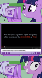 Size: 583x1078 | Tagged: safe, derpibooru import, twilight sparkle, exploitable meme, illuminati, meme, super bowl, tv meme, wat