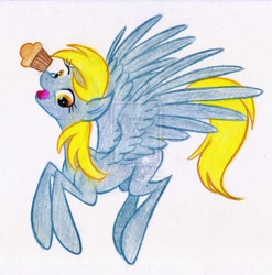 Size: 888x899 | Tagged: safe, artist:jazz-dafunk, derpy hooves, pegasus, pony, female, flying, mare, muffin, solo