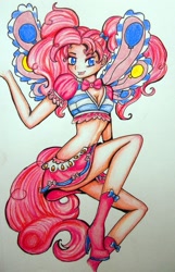Size: 701x1090 | Tagged: safe, artist:divinekitten, pinkie pie, breasts, cleavage, clothes, fairy, fairy wings, female, humanized, magic winx, midriff, skinny, solo, tailed humanization, traditional art, wings, winx club, winxified