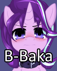 Size: 1957x2436 | Tagged: safe, artist:duop-qoub, starlight glimmer, pony, unicorn, baka, blue background, blushing, collar, looking at you, pet glimmer, simple background, solo, tsundere, tsunlight glimmer