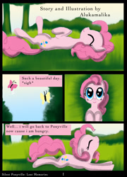 Size: 1262x1754 | Tagged: safe, artist:helenasherzblut, pinkie pie, butterfly, earth pony, pony, comic, cute, lost memories, on back, sleeping, stretching