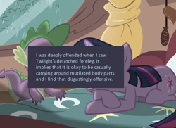 Size: 704x512 | Tagged: safe, derpibooru import, screencap, spike, twilight sparkle, dragon, magical mystery cure, animation error, meta, offensive ponies, text