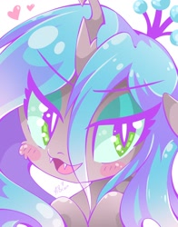 Size: 1100x1400 | Tagged: safe, artist:hungrysohma, queen chrysalis, changeling, changeling queen, blushing, bust, cheek fluff, cute, cutealis, female, fluffy changeling, heart, open mouth, portrait, solo