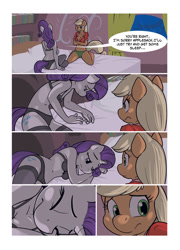 Size: 613x850 | Tagged: safe, artist:ajin, applejack, rarity, anthro, earth pony, unguligrade anthro, unicorn, comic:lust before you sleep, applerack, applesack, belly button, black underwear, bra, breasts, charity, cleavage, clothes, comic, crossed arms, eyes closed, female, hoofbeat, lesbian, lying down, midriff, panties, rarijack, raritits, shipping, underwear