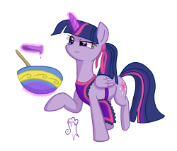 Size: 3593x3070 | Tagged: safe, artist:etiluos, derpibooru import, twilight sparkle, twilight sparkle (alicorn), alicorn, pony, alternate hairstyle, apron, bowl, clothes, cooking, female, magic, mare, ponytail, solo