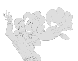 Size: 1263x996 | Tagged: safe, artist:sunibee, pinkie pie, oc, oc:anon, human, angry, kissing, monochrome, shipping