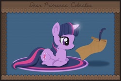 Size: 650x438 | Tagged: safe, artist:mikuen-drops, derpibooru import, twilight sparkle, magic, quill, rug, scroll, sitting, solo, writing