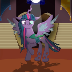 Size: 805x805 | Tagged: safe, artist:mlpconjoinment, queen chrysalis, twilight sparkle, twilight sparkle (alicorn), alicorn, changeling, changeling queen, hybrid, changelingified, fanfic, fanfic art, fanfic cover, female, full moon, fusion, heterochromia, moon, queen twilight, raised hoof, shadow, solo, species swap, this will not end well, twiling, we have become one, worried