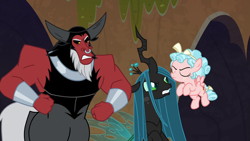 Size: 1280x720 | Tagged: safe, screencap, cozy glow, lord tirek, queen chrysalis, centaur, changeling, changeling queen, pegasus, pony, frenemies (episode), angry, cozy glow is not amused, eyes closed, female, filly, foal, male, trio