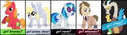 Size: 900x248 | Tagged: safe, artist:toontwins, big macintosh, derpy hooves, discord, dj pon-3, doctor whooves, vinyl scratch, earth pony, pony, badge, male, stallion