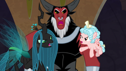 Size: 1920x1080 | Tagged: safe, screencap, cozy glow, lord tirek, queen chrysalis, centaur, changeling, changeling queen, pegasus, pony, frenemies (episode), angry, animation error, argument, cozy glow is not amused, female, filly, foal, male, no ears, nose piercing, nose ring, piercing, trio