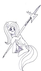 Size: 1020x1750 | Tagged: safe, artist:pyrogre, fluttershy, pegasus, pony, halberd, traditional art, weapon