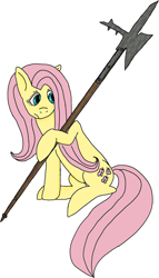 Size: 912x1591 | Tagged: safe, artist:pyrogre, artist:raryfagotto, fluttershy, pegasus, pony, colored, halberd, weapon