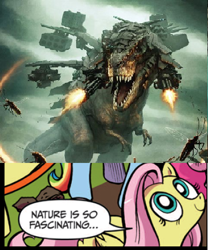 Size: 391x471 | Tagged: safe, idw, fluttershy, cockroach, cyborg, dinosaur, pegasus, pony, tyrannosaurus rex, badass, blue coat, blue eyes, dialogue, exploitable meme, female, looking up, mare, meme, multicolored tail, nature is so fascinating, pink coat, pink mane, smiling, speech bubble, wings, yellow coat