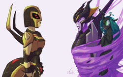 Size: 1280x806 | Tagged: safe, artist:raikoh, queen chrysalis, changeling, changeling queen, airachnid, angry, beast wars, blackarachnia, captured, crossover, female, spider web, sticky, transformers, transformers animated, transformers prime, trio