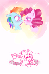 Size: 5000x7500 | Tagged: safe, artist:pinkablue, derpibooru import, pinkie pie, rainbow dash, oc, oc:flowering, earth pony, pegasus, pony, absurd resolution, blushing, crying, female, floppy ears, flower, flower in hair, heavy breathing, lesbian, mare, pinkiedash, playing, ribbon, shipper on deck, shipping, smiling