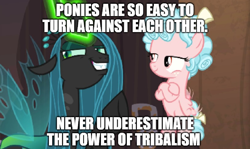 Size: 1120x669 | Tagged: safe, edit, edited screencap, screencap, cozy glow, queen chrysalis, changeling, changeling queen, pegasus, pony, the summer sun setback, caption, female, glowing horn, horn, image macro, impact font, meme, smiling, smirk, speculation, text, tribalism
