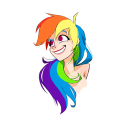 Size: 600x600 | Tagged: safe, artist:guywhodoesart, derpibooru import, rainbow dash, human, bare shoulder portrait, bare shoulders, bust, female, humanized, long hair, nudity, portrait, simple background, smiling, solo, white background