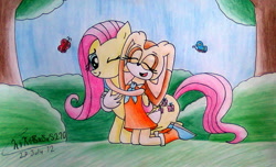 Size: 1555x945 | Tagged: safe, artist:chikisxsxs210, fluttershy, butterfly, pegasus, pony, cream the rabbit, crossover, sonic the hedgehog (series), traditional art