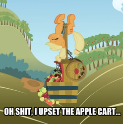 Size: 420x423 | Tagged: safe, edit, edited screencap, screencap, applejack, earth pony, pony, applebuck season, apple cart, hung upside down, image macro, sleeping, solo, upside down, vulgar