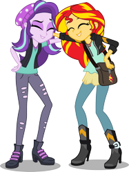 Size: 1343x1800 | Tagged: safe, artist:seahawk270, starlight glimmer, sunset shimmer, equestria girls, mirror magic, spoiler:eqg specials, bag, clothes, duo, eyes closed, jacket, laughing, pants, shirt, simple background, smiling, transparent background, vector, vest