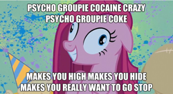 Size: 624x343 | Tagged: safe, pinkie pie, earth pony, pony, meme, pinkamena diane pie, psycho, solo, song reference, system of a down