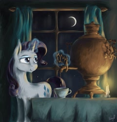 Size: 4800x5000 | Tagged: safe, artist:pponyoo, rarity, pony, unicorn, absurd resolution, candle, crescent moon, glowing horn, magic, moon, night, russian, samovar, solo, tea, teacup, telekinesis