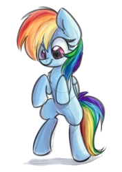 Size: 763x1080 | Tagged: safe, artist:littleblackraencloud, derpibooru import, rainbow dash, pegasus, pony, bipedal, chest fluff, cute, dashabetes, ear fluff, female, folded wings, looking down, mare, simple background, smiling, solo, standing, white background