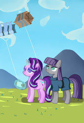 Size: 432x630 | Tagged: safe, artist:fernandasailor, maud pie, starlight glimmer, earth pony, pony, unicorn, rock solid friendship, colored pupils, duo, kite, kite flying