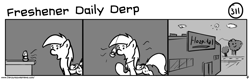 Size: 1280x404 | Tagged: safe, artist:tetrapony, derpy hooves, pegasus, pony, comic:the daily derp, air freshener, female, freshener daily derp, mare, monochrome, refresher