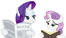 Size: 1537x895 | Tagged: safe, edit, rarity, sweetie belle, pony, unicorn, book, implied facehoof, newspaper, rarity is not amused, reaction image, reading, simple background, sisters, sweetie belle is not amused, transparent background, unamused, vector