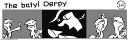 Size: 1280x404 | Tagged: safe, artist:tetrapony, derpy hooves, oc, oc:echo, bat pony, pegasus, pony, comic:the daily derp, cross, crucifix, exorcism, female, mare, monochrome, punch, the batyl derpy