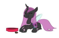 Size: 1120x726 | Tagged: safe, artist:carnifex, queen chrysalis, changeling, changeling queen, bootleg, chocolate, chocolates, eating, eyes closed, female, food, prone, purple changeling, simple background, solo, white background