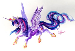 Size: 800x551 | Tagged: safe, artist:lucky978, derpibooru import, twilight sparkle, twilight sparkle (alicorn), alicorn, pony, big crown thingy, crown, female, flying, hoof shoes, jewelry, mare, open mouth, regalia, simple background, white background, wings