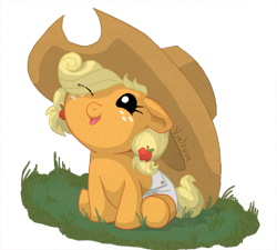 Size: 900x810 | Tagged: safe, artist:vintrove, applejack, earth pony, pony, babyjack, cute, diaper, eye clipping through hair, female, filly, foal, freckles, hair over one eye, hat