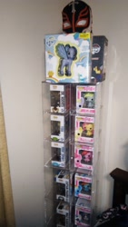 Size: 1872x3328 | Tagged: safe, derpibooru import, derpy hooves, discord, dj pon-3, doctor whooves, fluttershy, pinkie pie, rainbow dash, vinyl scratch, bedroom, brushable, collection, funko, irl, mask, photo, rey mysterio, san diego comic con, sdcc 2013, shelf, toy