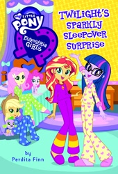 Size: 1024x1502 | Tagged: safe, applejack, fluttershy, pinkie pie, spike, spike the regular dog, sunset shimmer, twilight sparkle, twilight sparkle (alicorn), alicorn, dog, equestria girls, book, book cover, clothes, cover, equestria girls logo, error, female, footed sleeper, glasses, i can't believe it's not sci-twi, loose hair, male, open mouth, pajamas, perdita finn, sleepover, slippers, smiling, twilight's sparkly sleepover surprise, waving