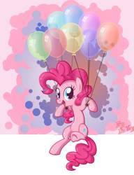 Size: 1000x1299 | Tagged: safe, artist:lordyanyu, pinkie pie, pony, balloon, cute, diapinkes, floating, flying, open mouth, solo, then watch her balloons lift her up to the sky