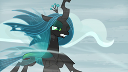 Size: 1280x720 | Tagged: safe, screencap, queen chrysalis, changeling, changeling queen, frenemies (episode), female, flying, one eye closed, solo, wind, windswept mane