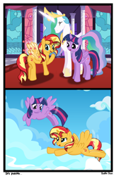 Size: 624x950 | Tagged: safe, artist:johesy, princess celestia, sunset shimmer, twilight sparkle, twilight sparkle (alicorn), alicorn, pony, alicornified, crying, race swap, shimmercorn, tears of joy