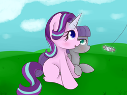 Size: 1600x1200 | Tagged: safe, artist:zlight, maud pie, starlight glimmer, earth pony, pony, unicorn, blushing, chest fluff, colored pupils, ear fluff, female, fluffy, holding hooves, kite, kite flying, leg fluff, lesbian, magic, mare, shipping, smiling, starmaud