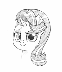 Size: 1097x1278 | Tagged: safe, artist:trickydick, starlight glimmer, pony, unicorn, bust, female, grayscale, lidded eyes, looking at you, mare, monochrome, portrait, simple background, smiling, solo, white background