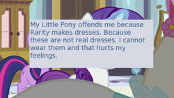 Size: 500x281 | Tagged: safe, derpibooru import, screencap, rarity, twilight sparkle, pony, unicorn, a canterlot wedding, magic, meta, offensive ponies, text