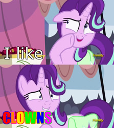 Size: 1256x1406 | Tagged: safe, edit, edited screencap, screencap, starlight glimmer, pony, unicorn, rock solid friendship, clown, discovery family logo, exploitable meme, image macro, meme, rainbow, shrunken pupils, solo, starlight's confessions, sweat