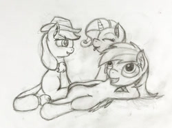 Size: 1000x742 | Tagged: safe, artist:vaser888, derpibooru import, applejack, rainbow dash, rarity, earth pony, pegasus, pony, unicorn, applejack's hat, cowboy hat, eyes closed, female, hat, lesbian, mare, monochrome, polyamory, rarijackdash, shipping, smiling, tongue out, traditional art