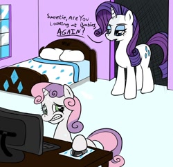 Size: 750x725 | Tagged: safe, artist:midnight-wizard, rarity, sweetie belle, pony, unicorn, bedroom, caught, computer, door, eyeshadow, female, implied porn, lesbian, unamused